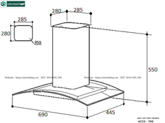 Máy hút mùi Pramie AC22 - 700 (Áp tường, chữ T kính cong - Made in Malaysia)