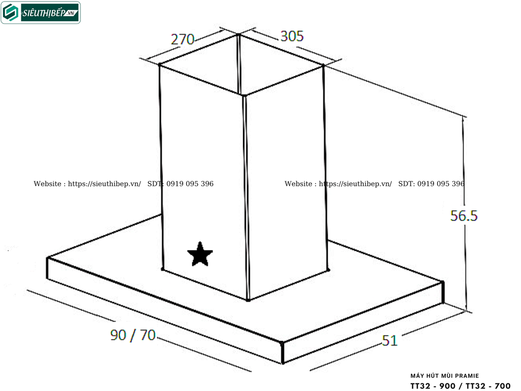 Máy hút mùi Pramie TT32 - 900 / TT32 - 700 (Áp tường, chữ T - Made in Thailand)