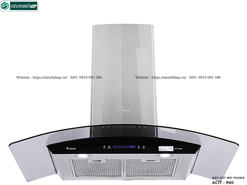 Máy hút mùi Pramie AC17 - 900 / AC17 - 700 (Áp tường, chữ T kính cong - Made in Thailand)