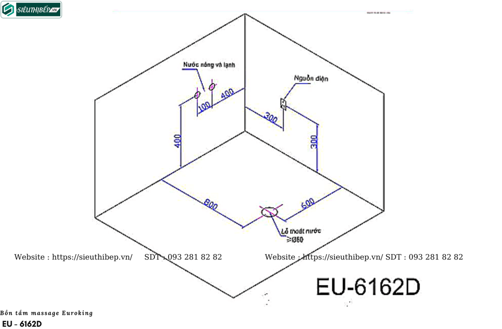 Bồn tắm massage Euroking EU - 6162D (Hệ thống mắt massage và sủi khí)