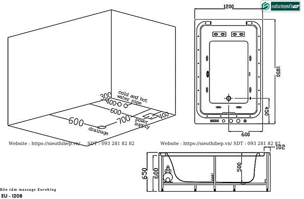 Bồn tắm massage Euroking EU – 1208 (Hệ thống massage 6 mắt tạo xoáy)