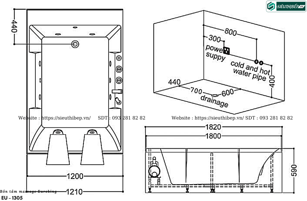 Bồn tắm massage Euroking EU – 1305 (Hệ thống massage xoáy nước)