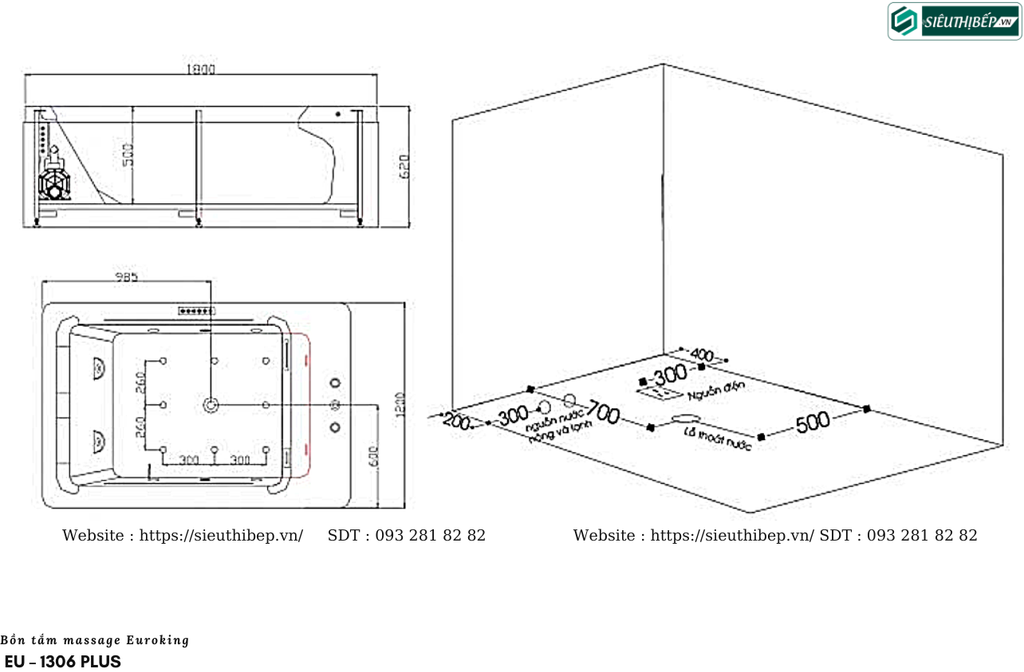 Bồn tắm massage Euroking EU – 1306 Plus (Hệ thống massage, sủi khí và tạo thác)