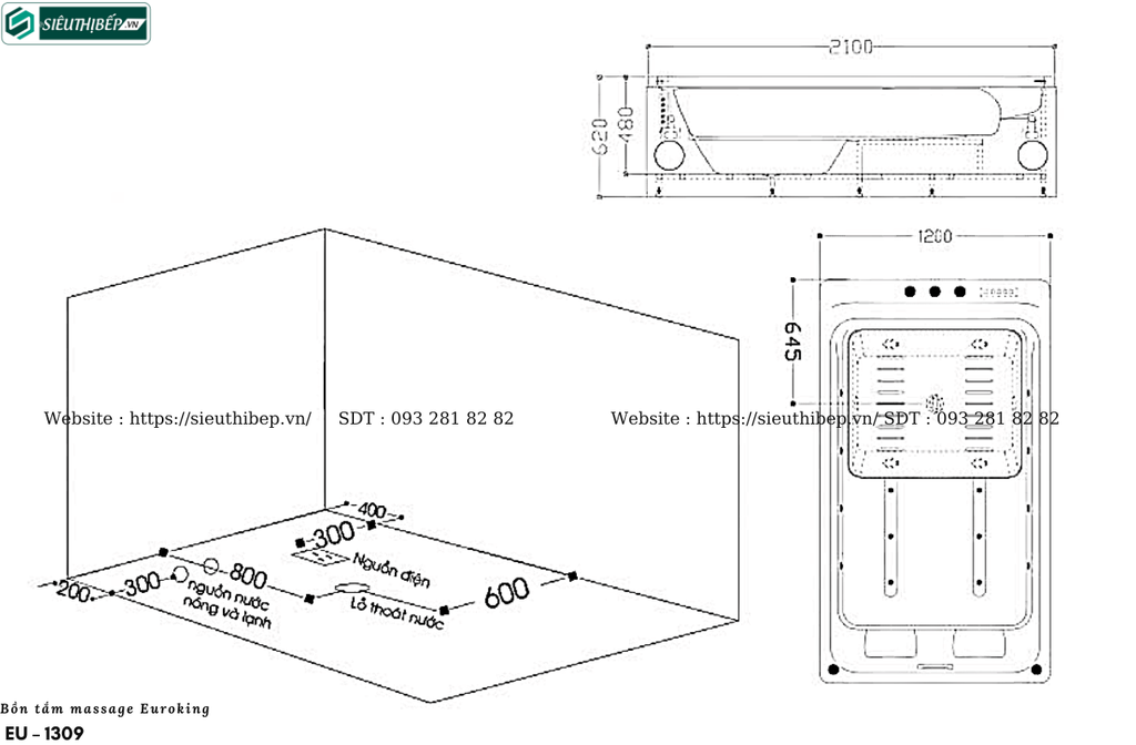 Bồn tắm massage Euroking EU – 1309 (Kết cấu song đôi, 8 mắt massage, 8 mắt sục khí)
