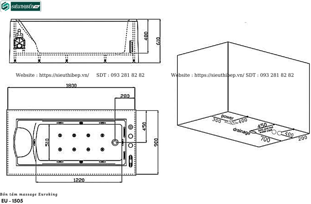 Bồn tắm massage Euroking EU – 1505 (Hệ thống massage, sủi khí và tạo thác)