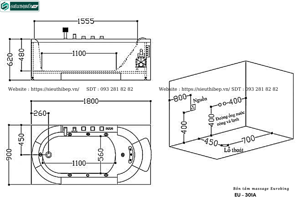 Bồn tắm massage Euroking EU – 301A (Công nghệ Châu Âu)