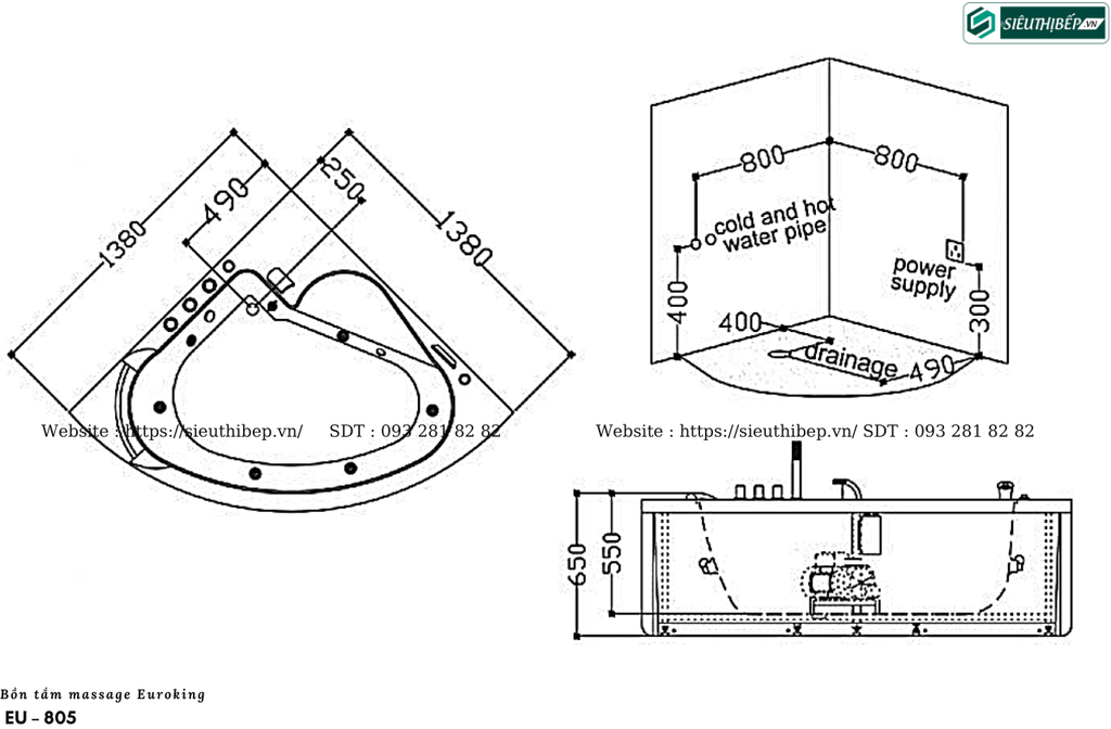 Bồn tắm massage Euroking EU – 805 (Hệ thống massage xoáy nước)