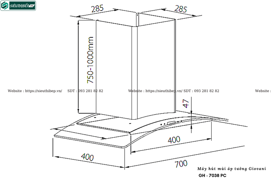 Máy hút mùi Giovani GH - 7038 PC (Áp tường, kính cong)