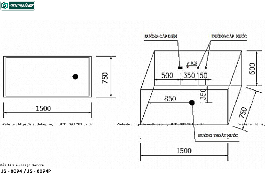 Bồn tắm massage Govern JS - 8094 / JS - 8094P (Bồn tắm massage, sục khí, đèn đổi màu)
