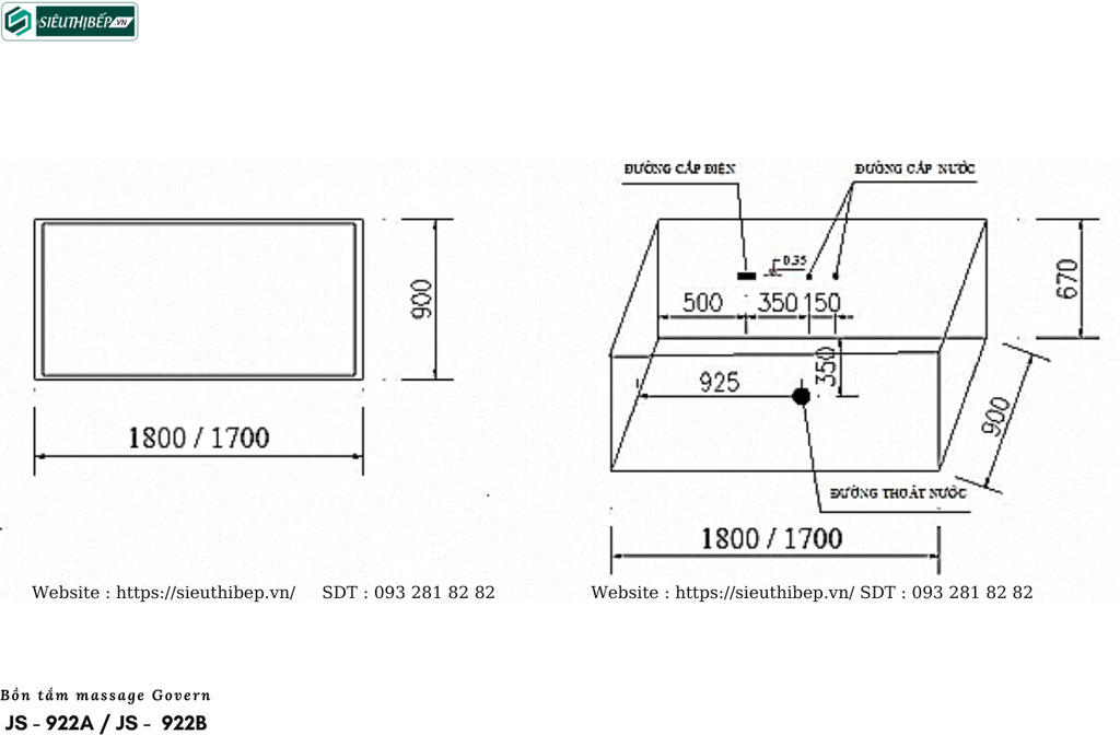 Bồn tắm massage Govern JS - 922A / JS -  922B (Bồn tắm massage, sục khí,  bồn thả)