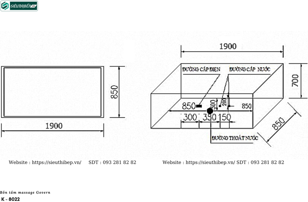 Bồn tắm massage Govern K - 8022 (Bồn tắm Massage, sục khí, đèn đa sắc)