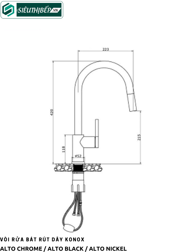 Vòi rửa bát Konox Alto Chrome / Alto Black / Alto Nickel (Rút dây nóng lạnh)