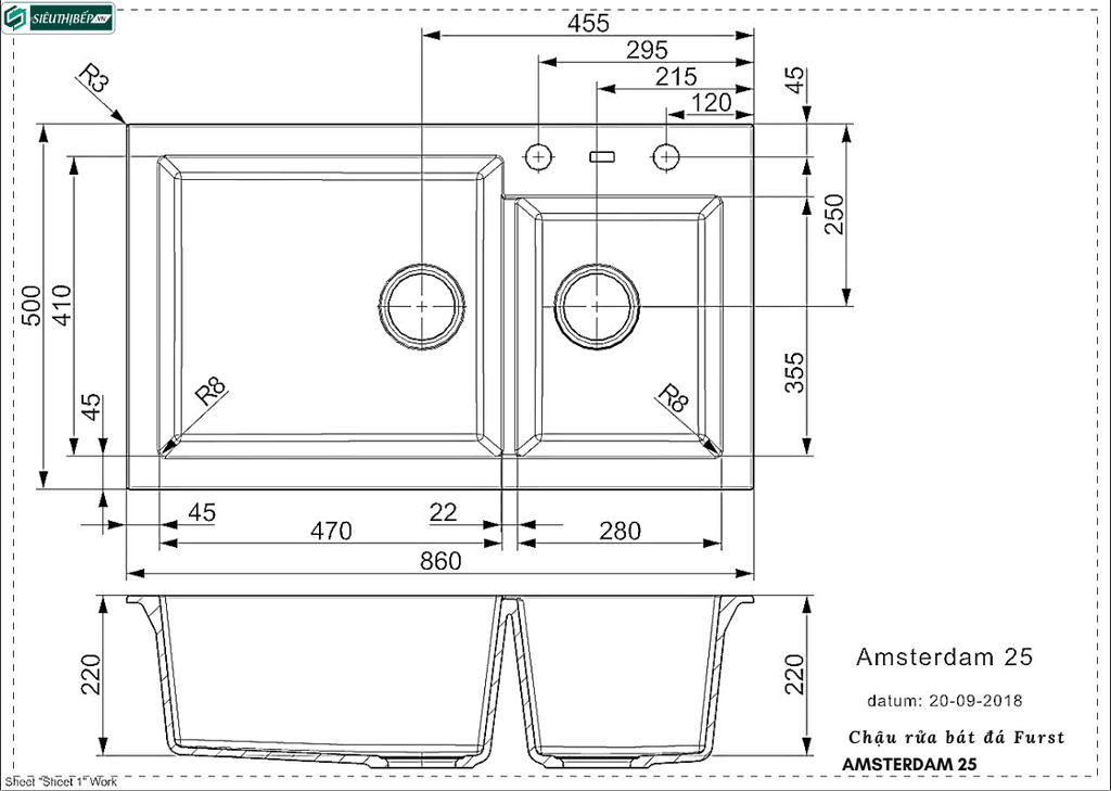 Chậu rửa bát Furst AMSTERDAM 25 (Đá 2 hộc lệch - Made in Holland)