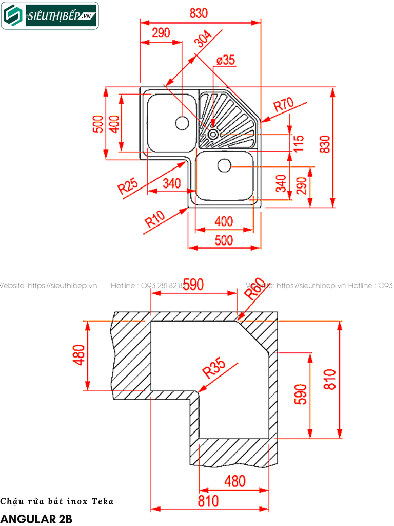 Chậu rửa bát Teka ANGULAR 2B (Inox 2 hộc 1 bàn chờ - Made in Spain)