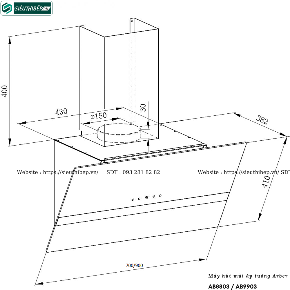 Máy hút mùi Arber AB8803 / AB9903 (Áp tường - Kính vát)