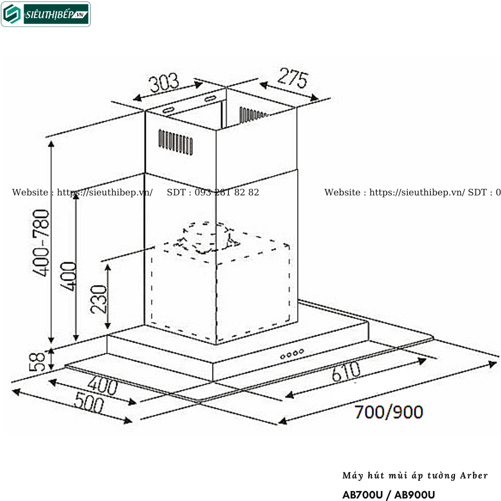 Máy hút mùi Arber AB700U / AB900U (Áp tường - Kính thẳng , chữ T)