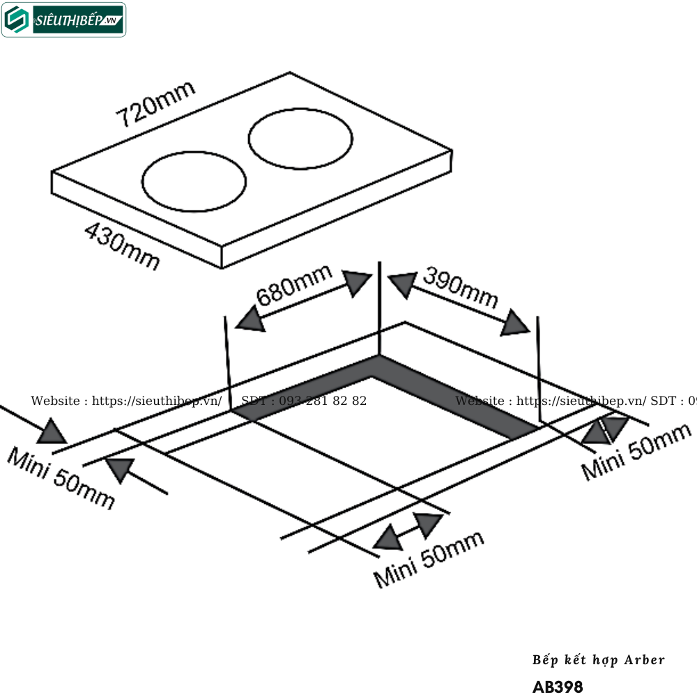 Bếp kết hợp Arber AB398 (Từ kết hợp điện - 2 vùng nấu)