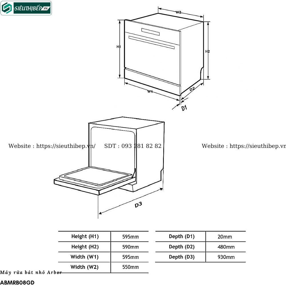 Máy rửa bát nhỏ Arber ABMRB08GD (Để bàn - 8 bộ bát đĩa Châu Âu)