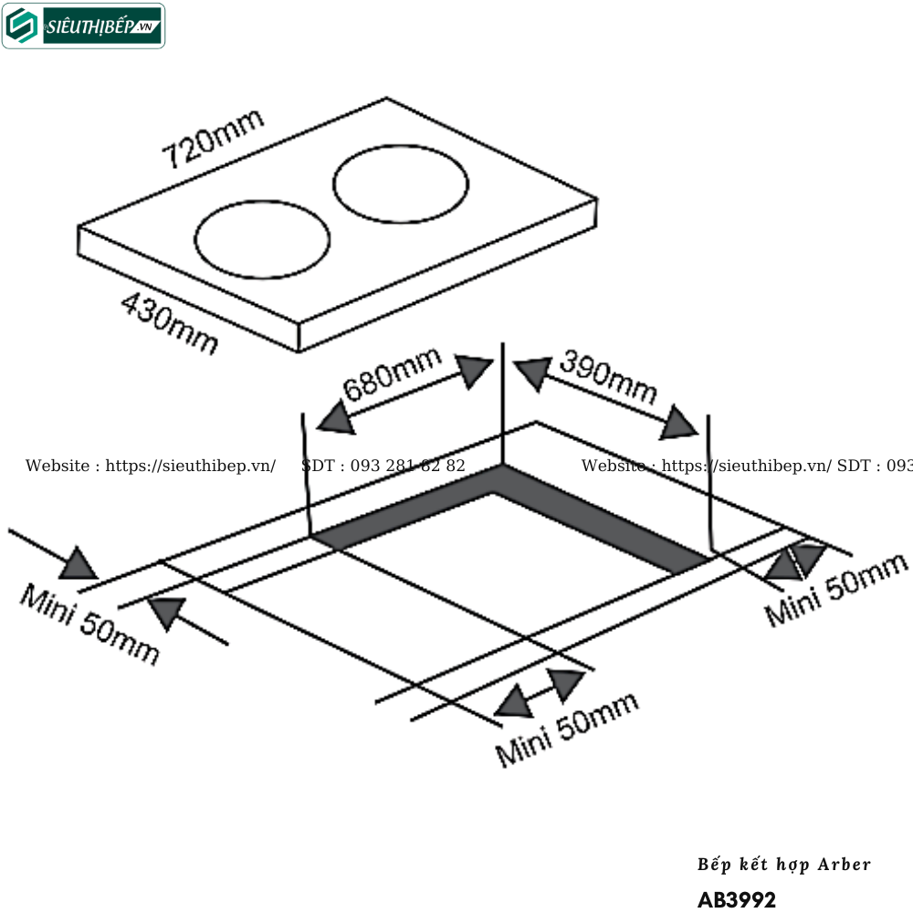 Bếp kết hợp Arber AB3992 (Từ kết hợp điện - 2 vùng nấu)