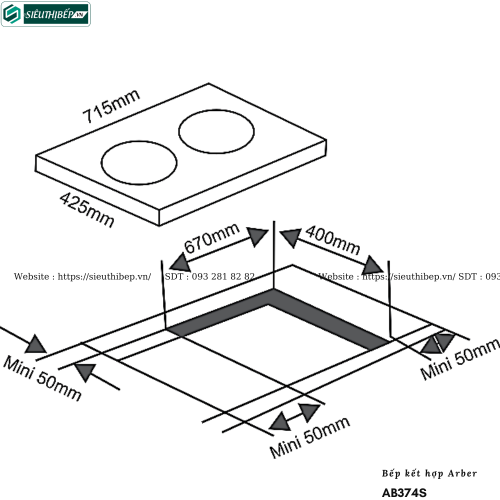 Bếp kết hợp Arber AB374S (Từ kết hợp điện - 2 vùng nấu)