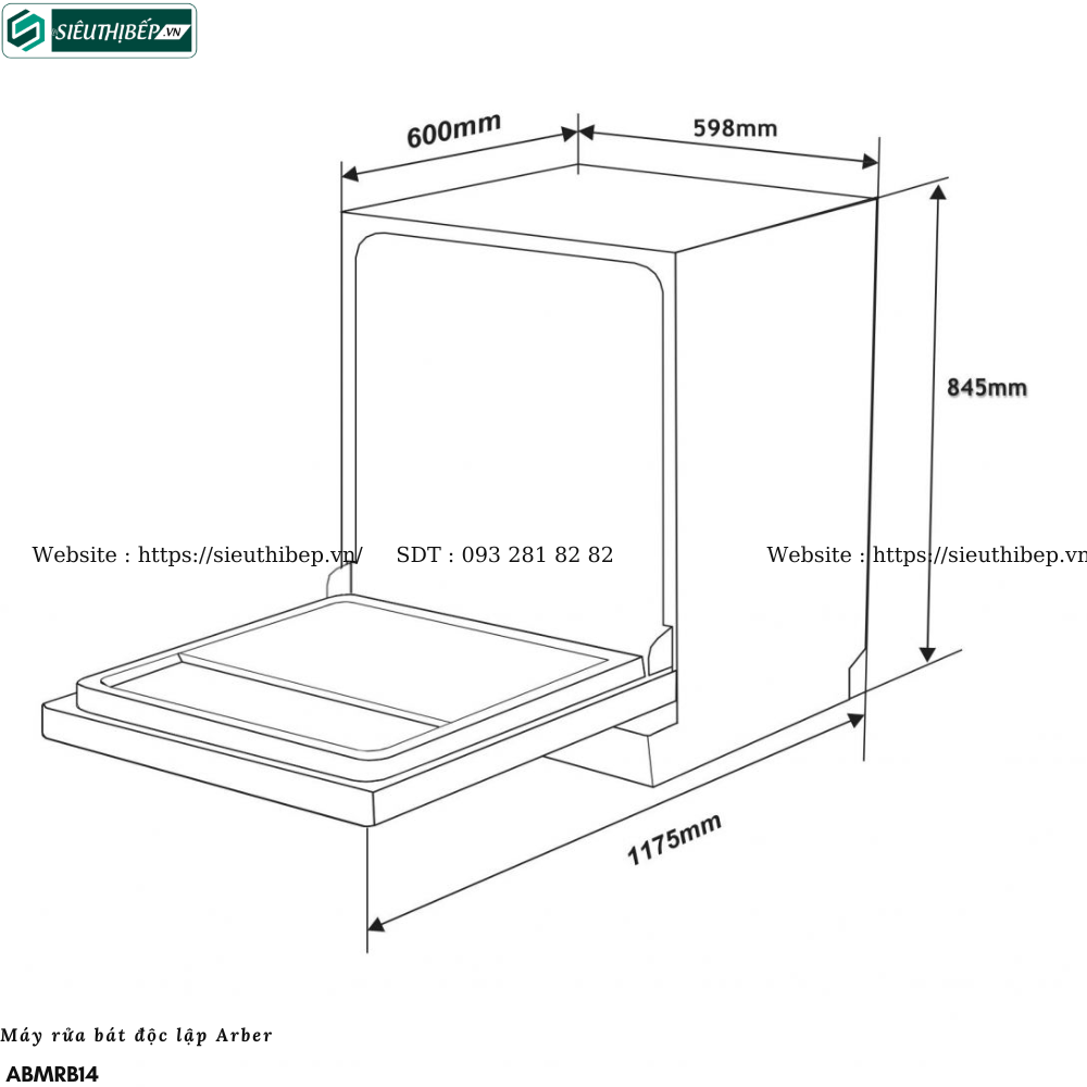 Máy rửa bát Arber ABMRB14 (Độc lập - 14 bộ bát đĩa Châu Âu)