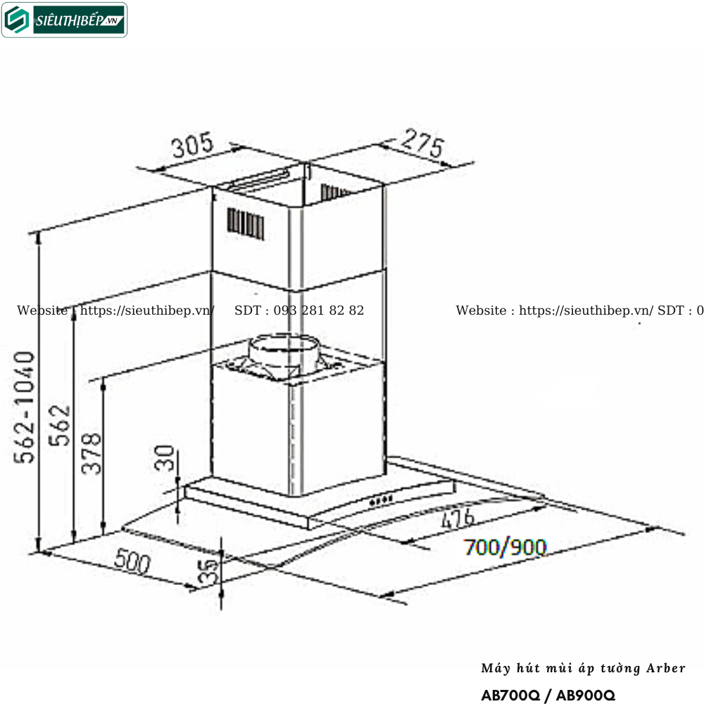 Máy hút mùi Arber AB700Q / AB900Q (Áp tường - Kính cong)