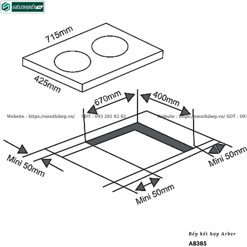 Bếp kết hợp Arber AB385 (Từ kết hợp điện - 2 vùng nấu)