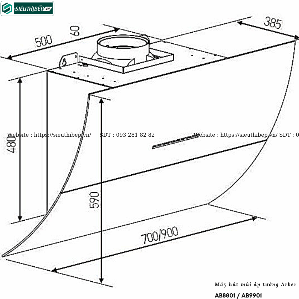 Máy hút mùi Arber AB8801 / AB9901 (Áp tường - Kính vát)