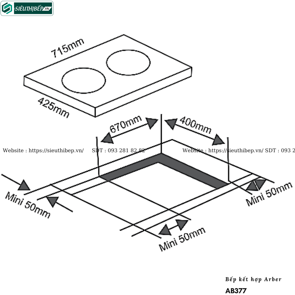 Bếp kết hợp Arber AB377 (Từ kết hợp điện - 2 vùng nấu)