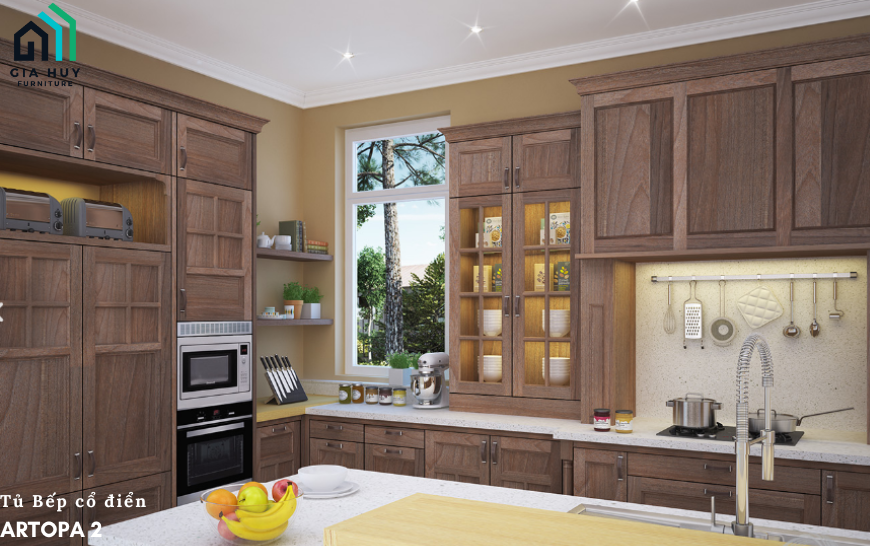 Tủ bếp cổ điển ARTOPA 2 (Gỗ walnut + MDF veneer walnut)