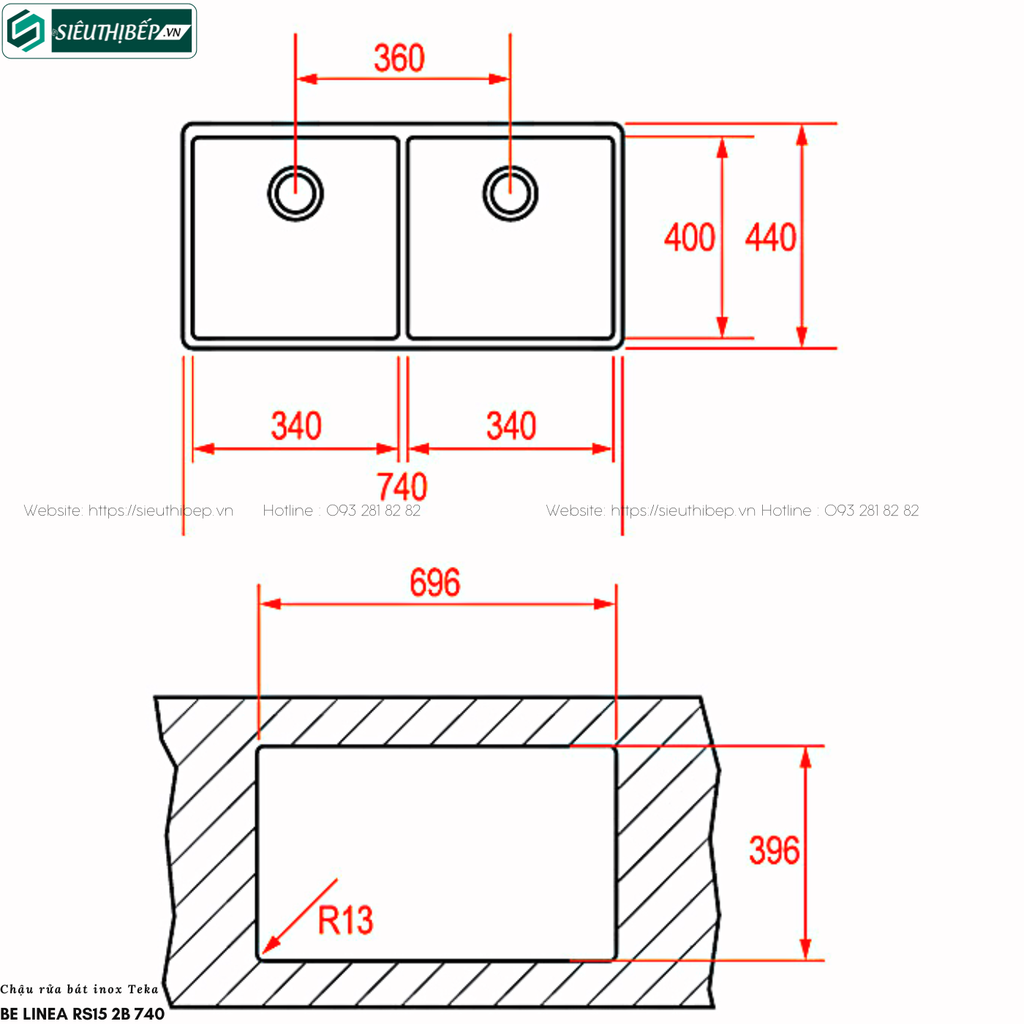 Chậu rửa bát Teka BE LINEA RS15 2B 740 / BE LINEA RS15 2B 860 (Inox - 2 hộc  đều lắp âm)