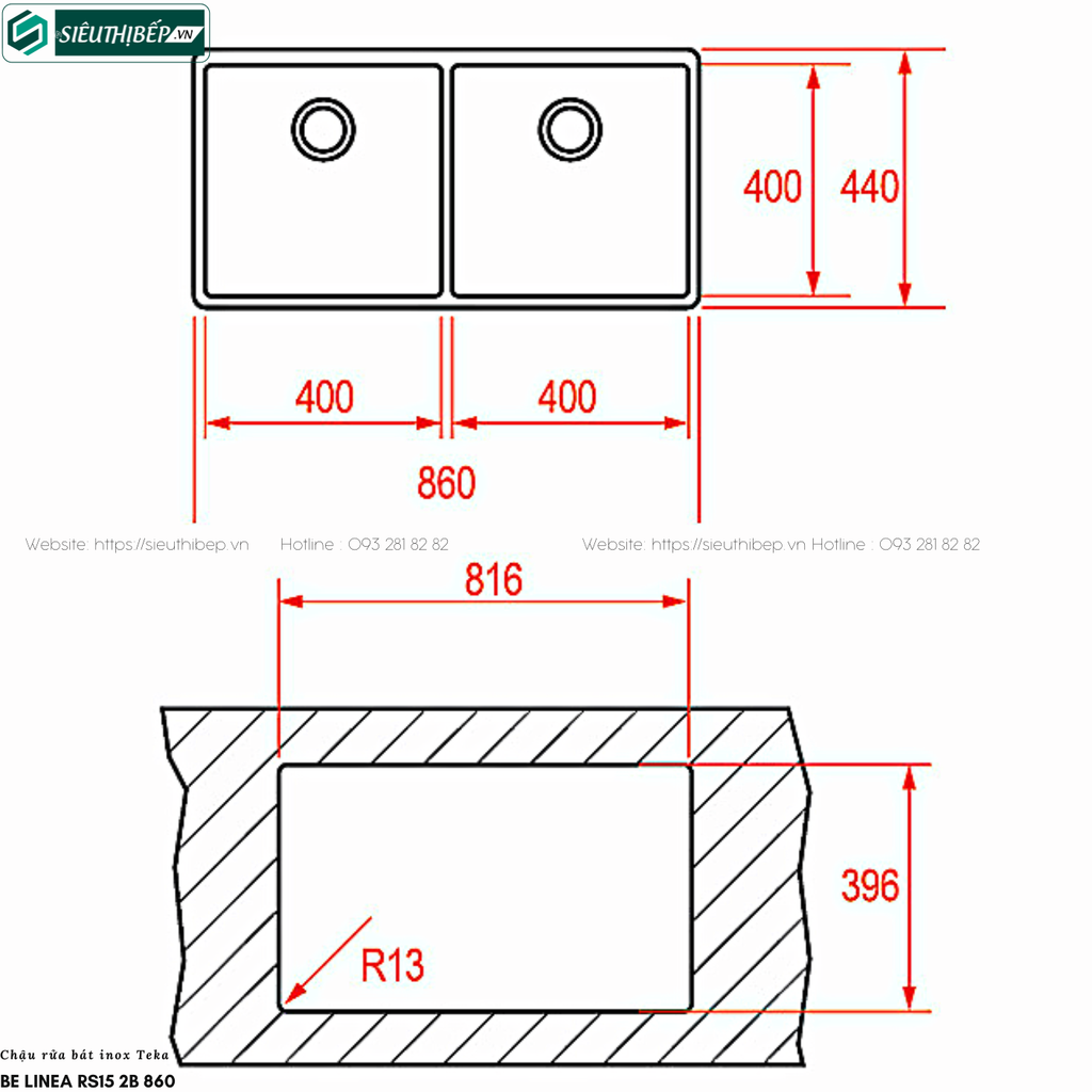 Chậu rửa bát Teka BE LINEA RS15 2B 740 / BE LINEA RS15 2B 860 (Inox - 2 hộc  đều lắp âm)