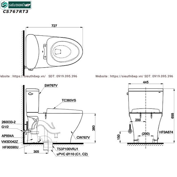 Bồn cầu 2 khối TOTO CS767RT3#XW (Nắp Đóng Êm TC385VS)