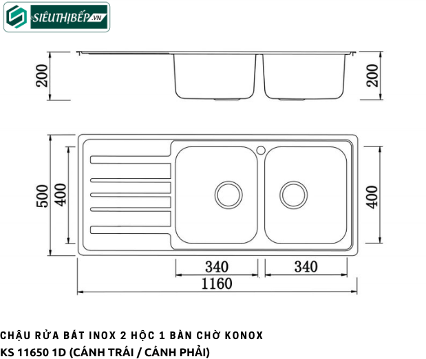 Chậu rửa bát Konox KS 11650 1D (Inox 2 hộc 1 bàn chờ - Cánh trái / Cánh phải)