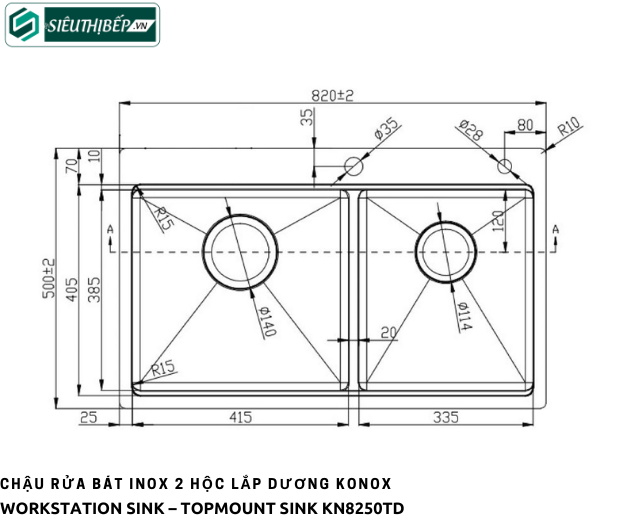 Chậu rửa bát Konox KN 8250TD (Inox 2 hộc lắp dương)