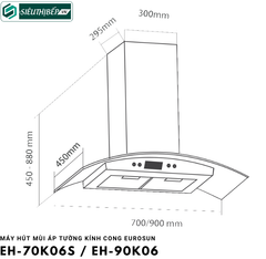 Máy hút mùi Eurosun EH - 70K06S / EH - 90K06 (Áp tường kính cong)