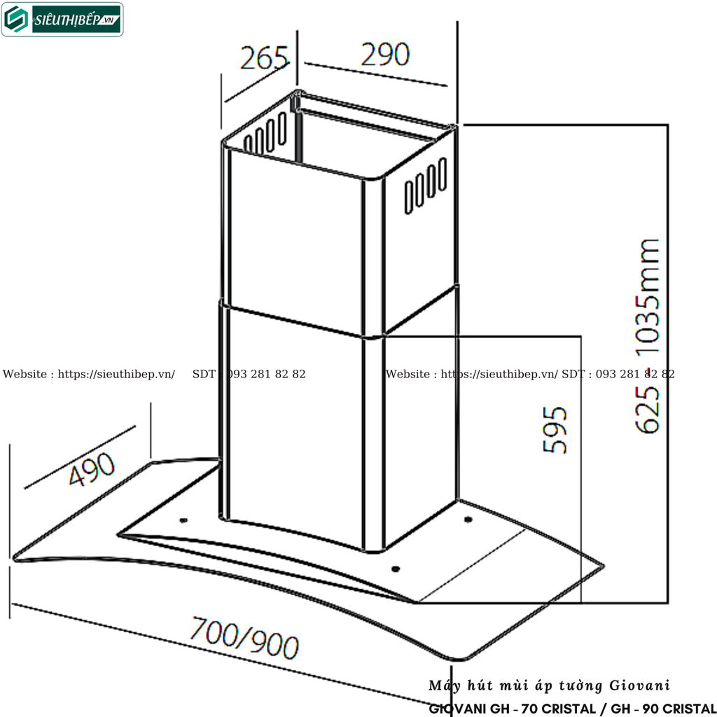Máy hút mùi Giovani GH - 70 Cristal / GH - 90 Cristal (Áp tường, kính cong - Made in Italy)