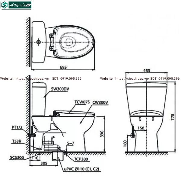 Bồn cầu 2 khối TOTO CS300DRE2#W (Nắp Rửa Cơ TCW07S)