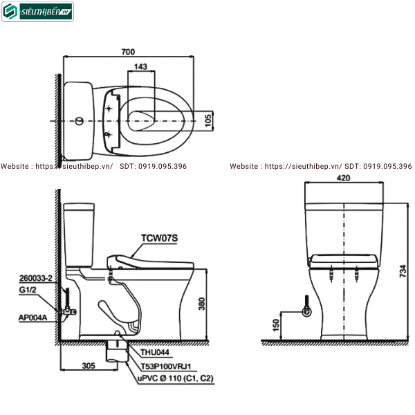 Bồn cầu 2 khối TOTO CS735DE2#XW (Nắp Rửa Cơ TCW07S)