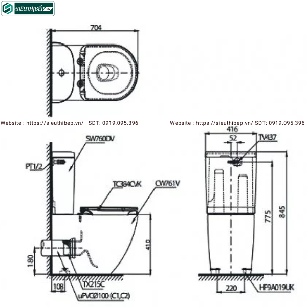 Bồn cầu 2 khối TOTO CS761PDT5#XW (Nắp Đóng Êm TC384CKV)
