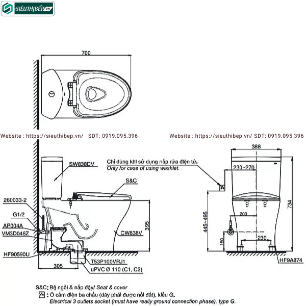 Bồn cầu 2 khối TOTO CS838DT8#XW (Nắp Đóng Êm TC600VS)