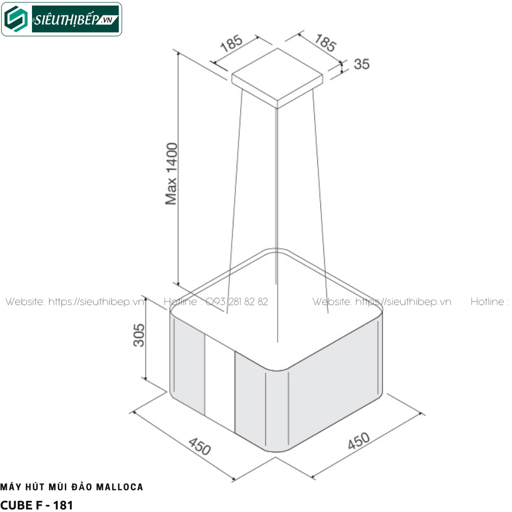 Máy hút mùi đảo Malloca CUBE F - 181 (Treo độc lập - Vuông)