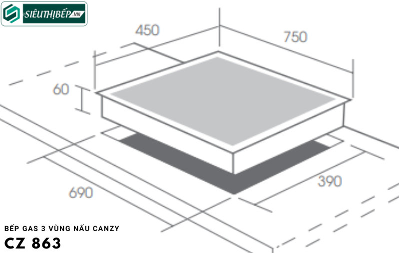 Bếp gas Canzy CZ 863 (3 vùng nấu - Lắp âm)