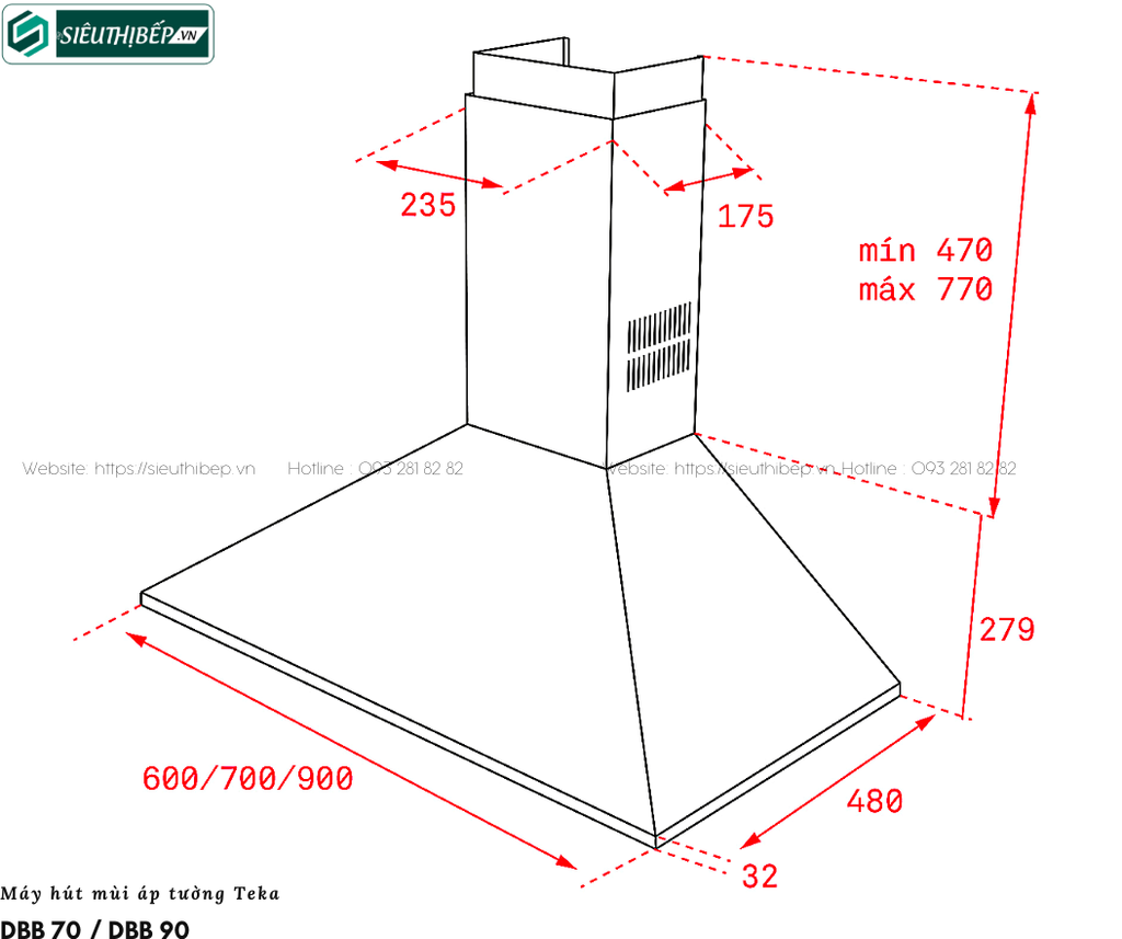 Máy hút mùi Teka DBB 70 / DBB 90 (Áp tường - Made in Spain)