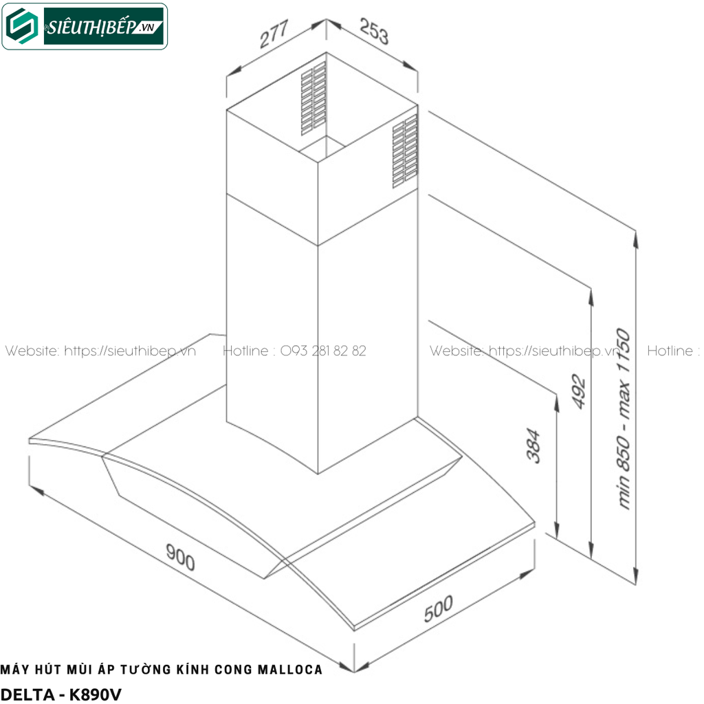 Máy hút mùi Malloca DELTA - K890V (Áp tường - Kính cong)