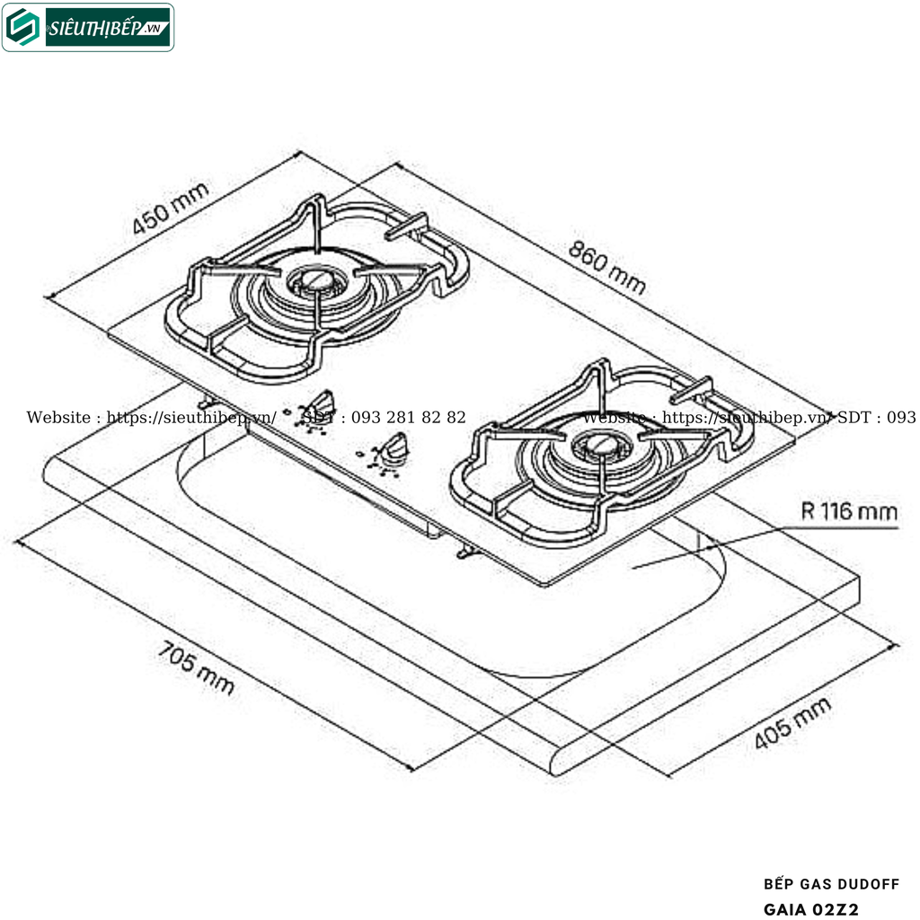 Bếp gas đôi Dudoff GAIA 02Z2 (Made in Italy)