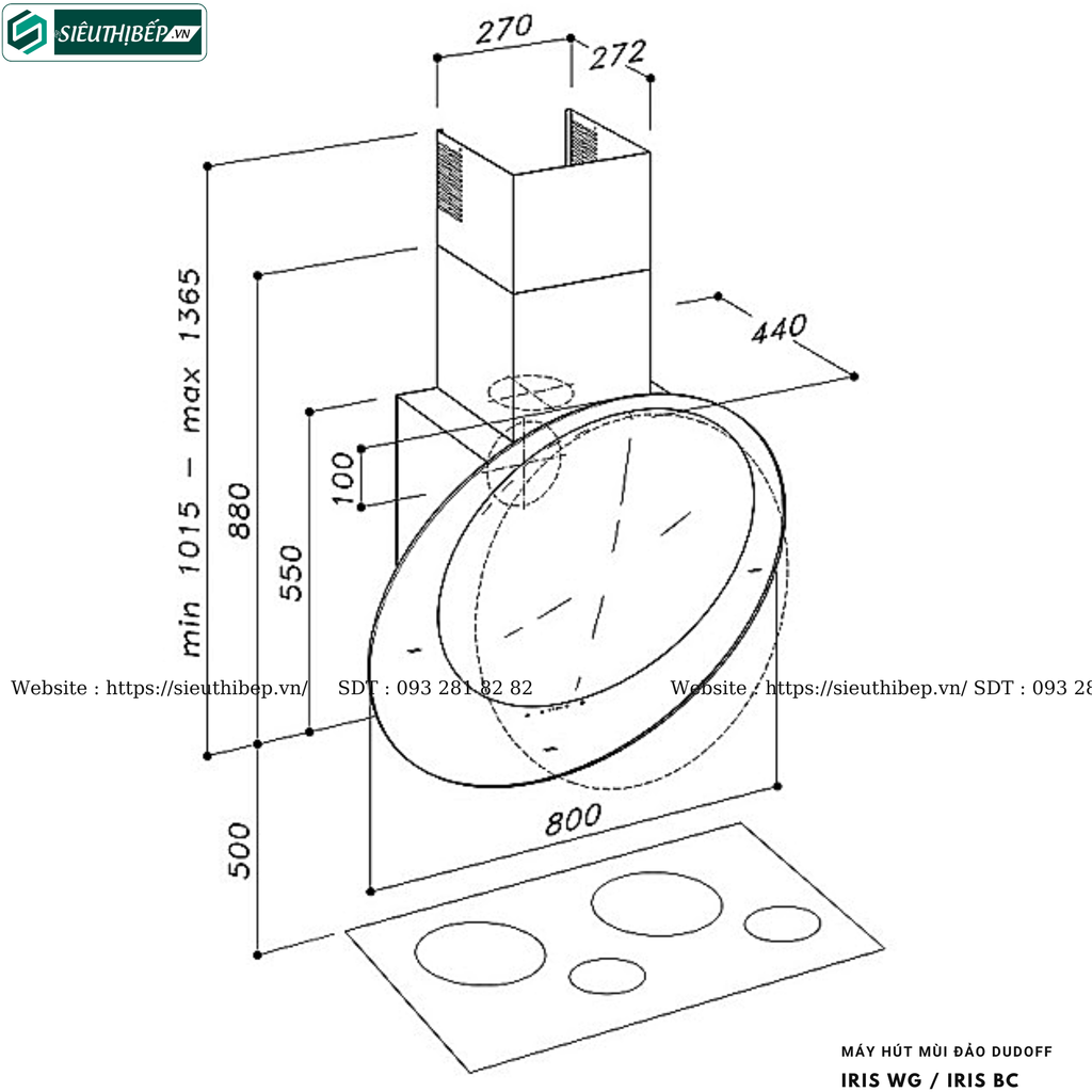 Máy hút mùi Dudoff IRIS WG / IRIS BC (Đảo, treo độc lập - Made in Italy)