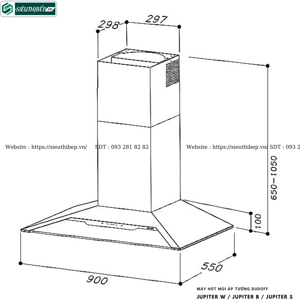 Máy hút mùi Dudoff JUPITER W / JUPITER B / JUPITER S (Áp tường, hình nón - Made in Italy)