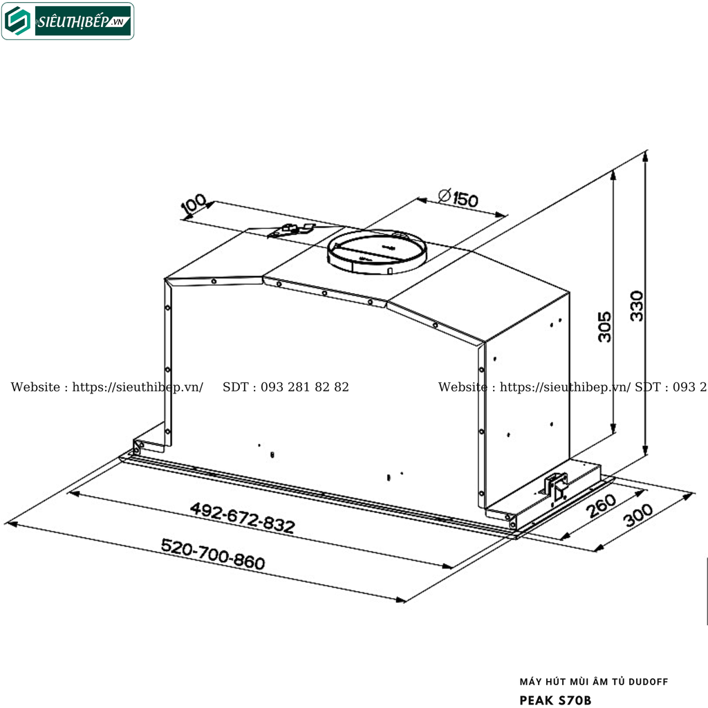 Máy hút mùi Dudoff PEAK S70B (Âm tủ - Made in Italy)