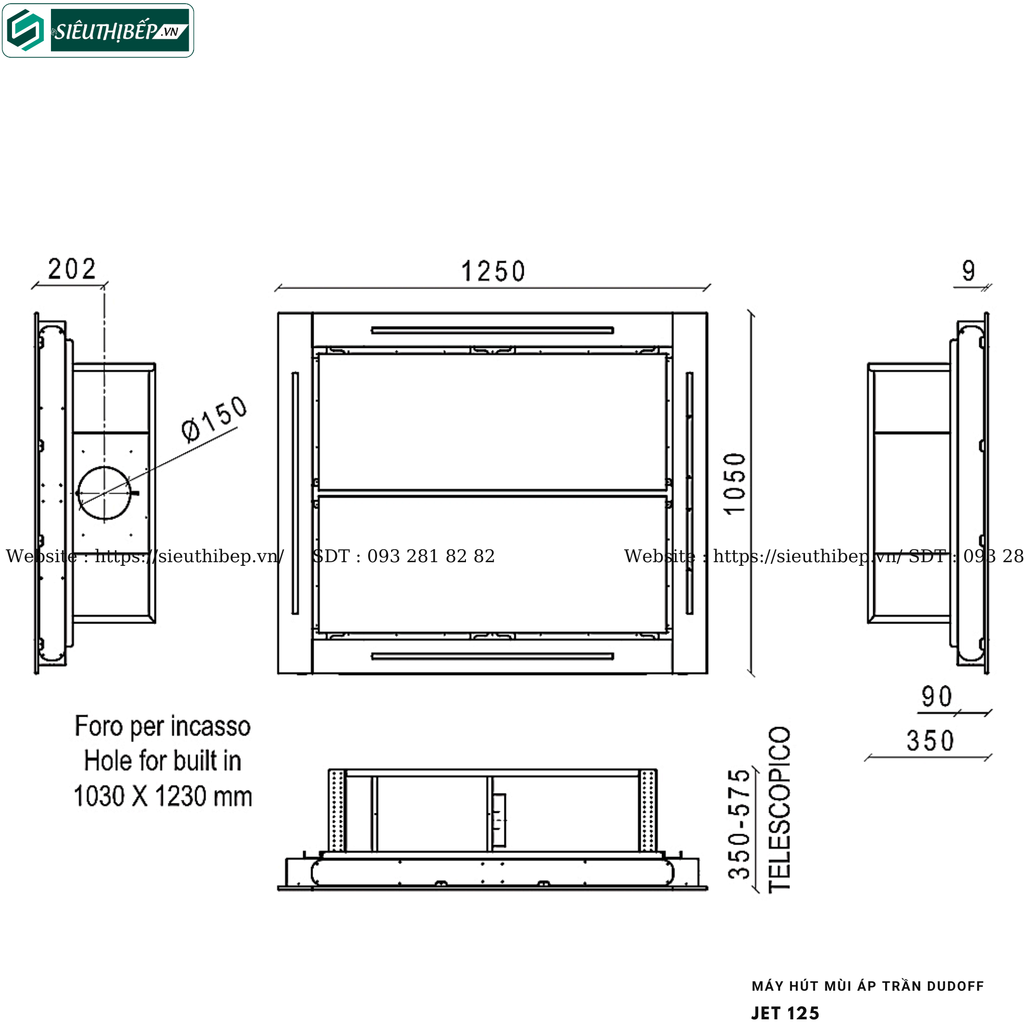 Máy hút mùi Dudoff JET 125W / JET 125B (Áp trần - Made in Italy)